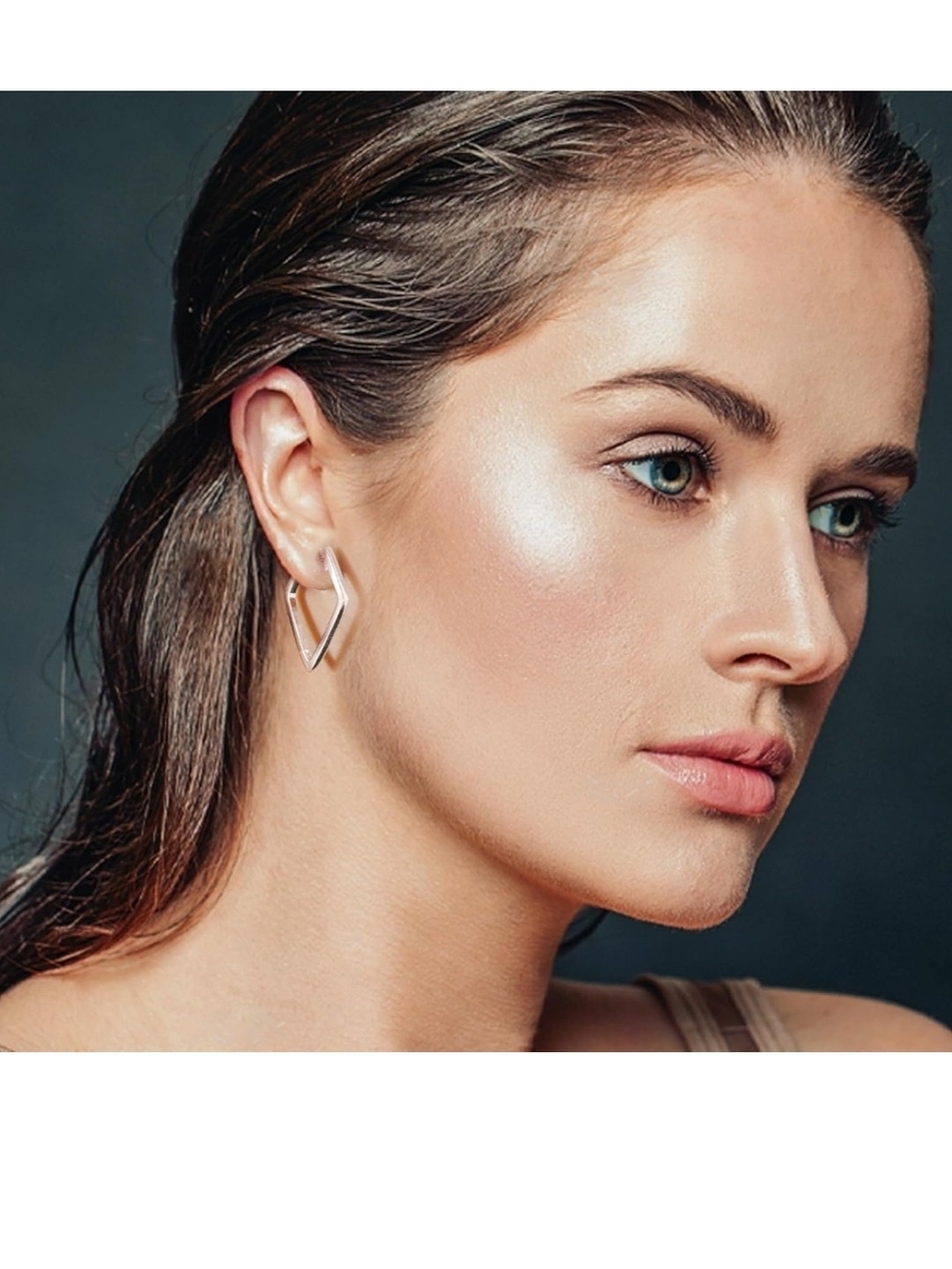 Sterling Silver Geometric Diamond Hoop Earrings - Modern Women Jewelry - Picture 2 of 6